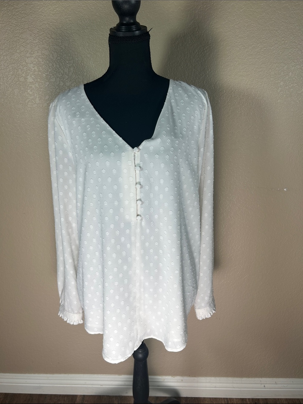 LOFT White Swiss-Dot V-Neck Button-Front Blouse